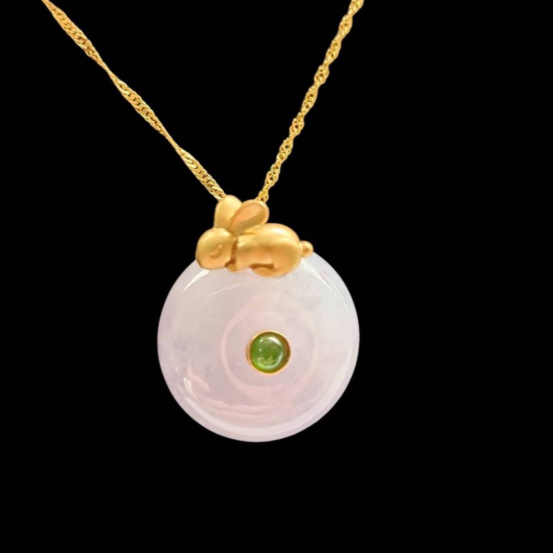 #808 AGL Certified Icy Translucent Lavender Burma Jadeite, Golden Bunny Thick Donut Pendant
