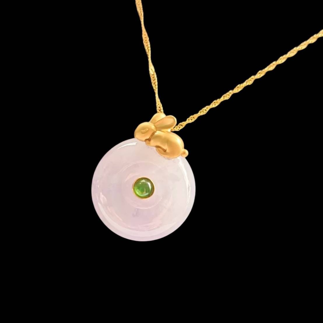 #808 AGL Certified Icy Translucent Lavender Burma Jadeite, Golden Bunny Thick Donut Pendant