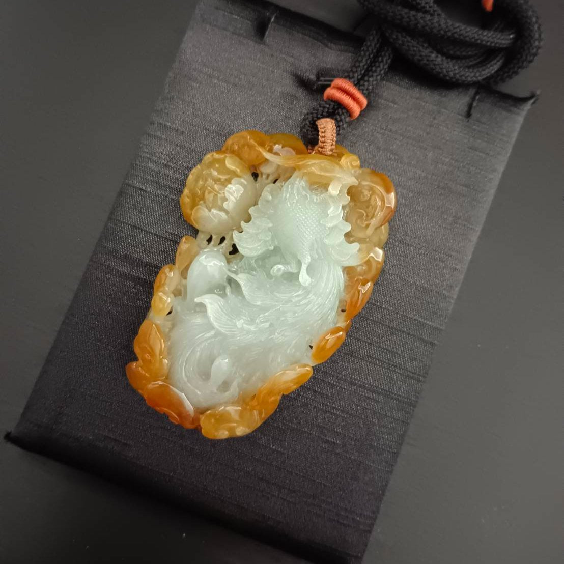 #554 GIA Certified Natural Translucent Red Burma Jadeite, Phoenix Pendant