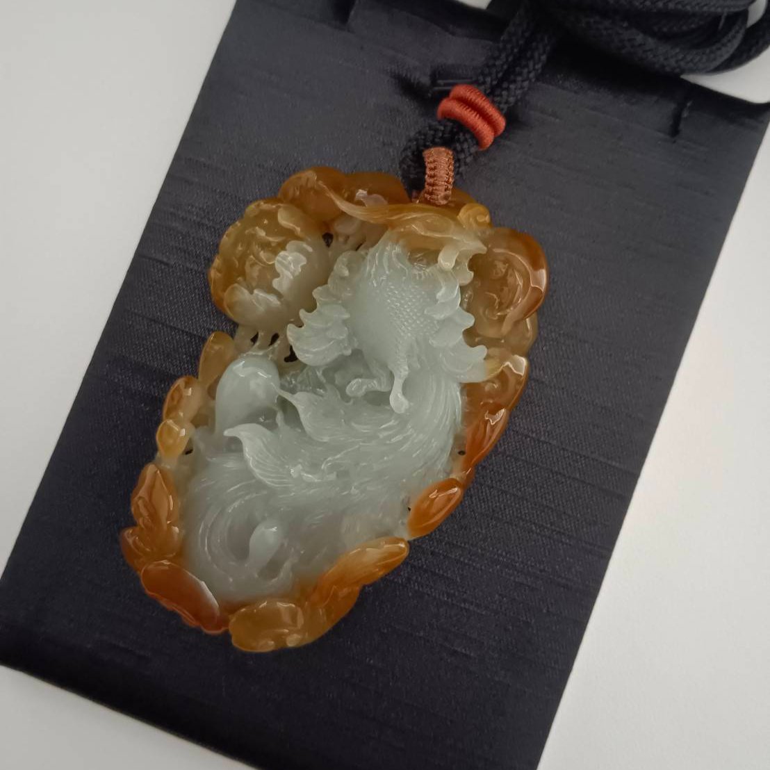 #554 GIA Certified Natural Translucent Red Burma Jadeite, Phoenix Pendant