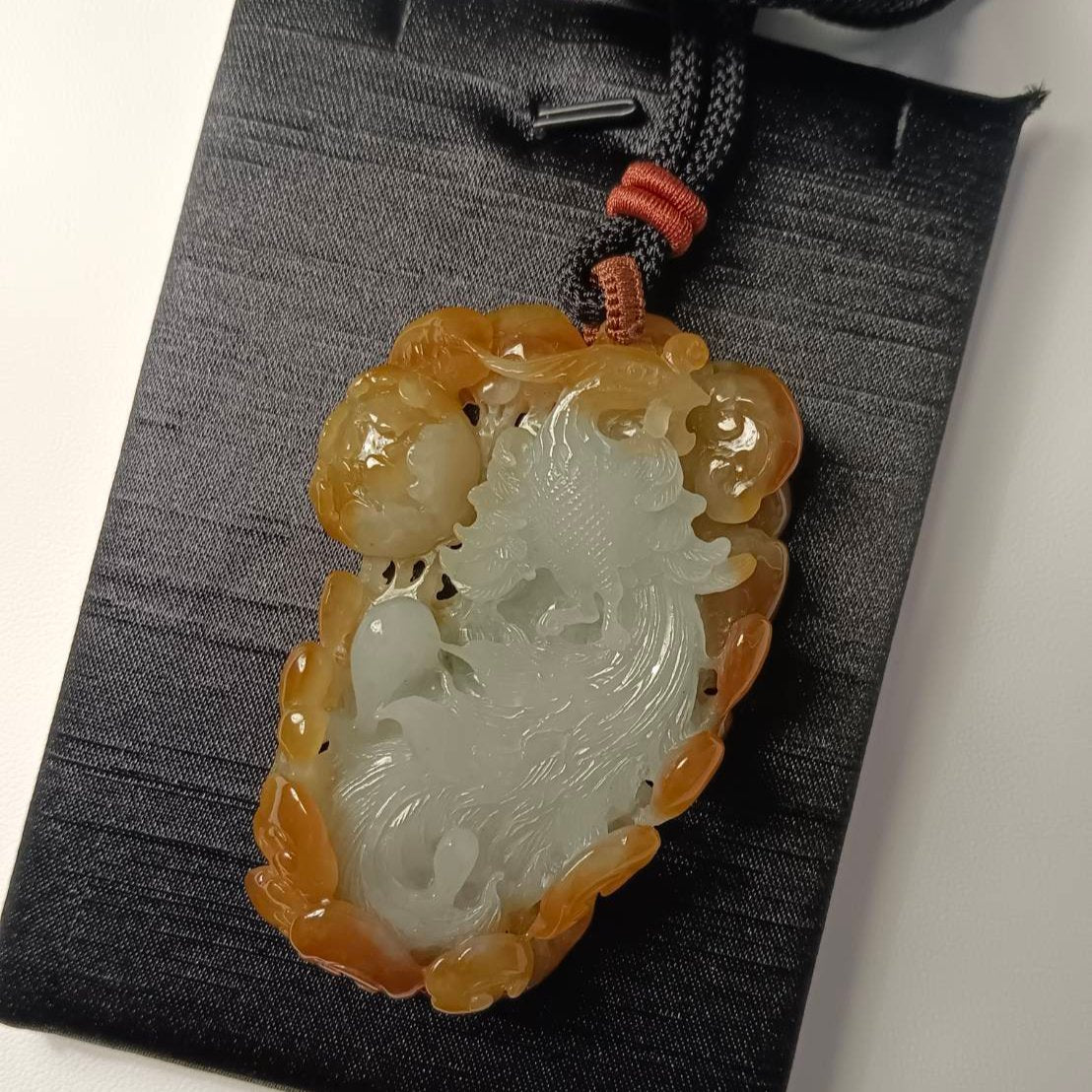 #554 GIA Certified Natural Translucent Red Burma Jadeite, Phoenix Pendant