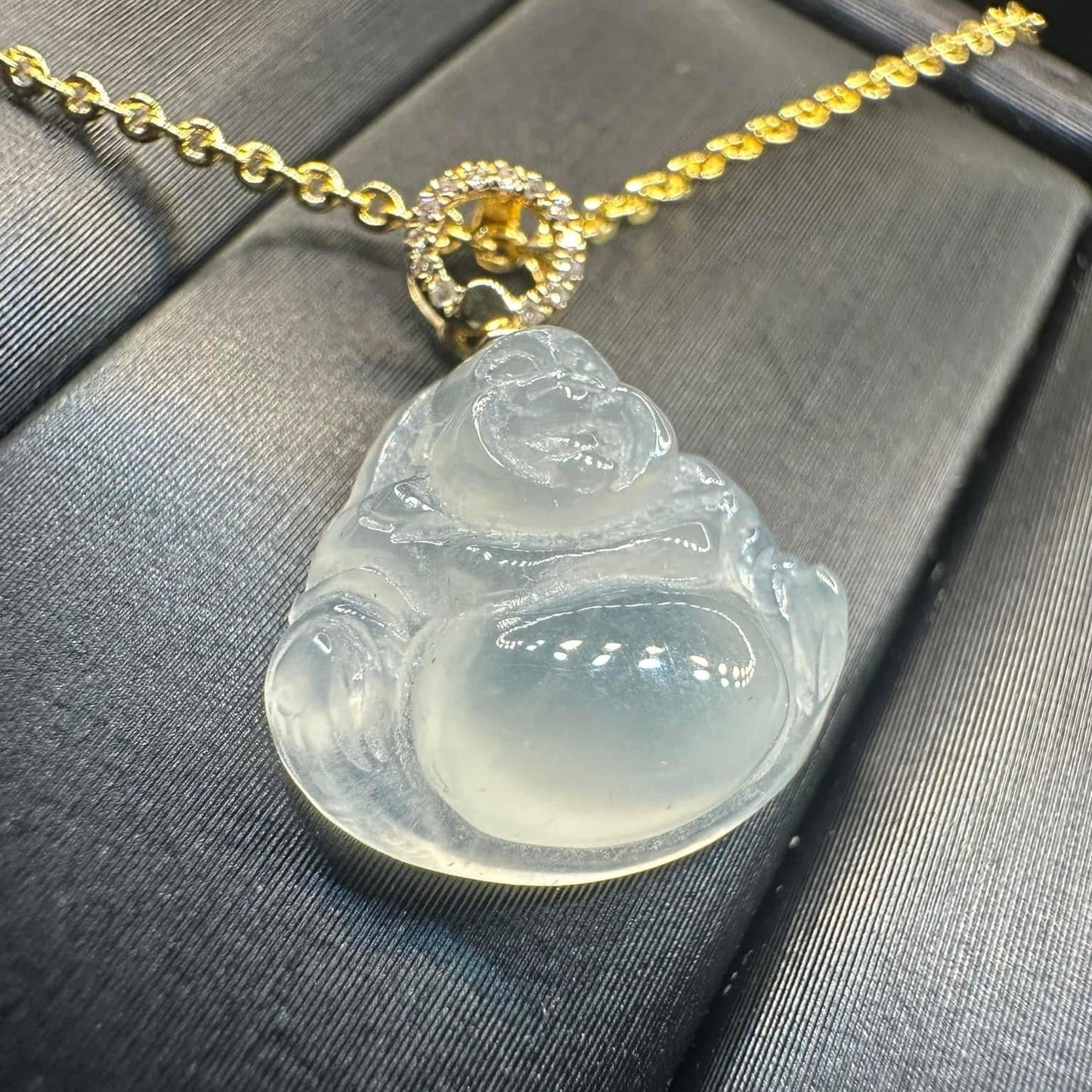 #849 AGL Certified Semi-Transparent White Burma Jadeite, Happy Buddha Pendant