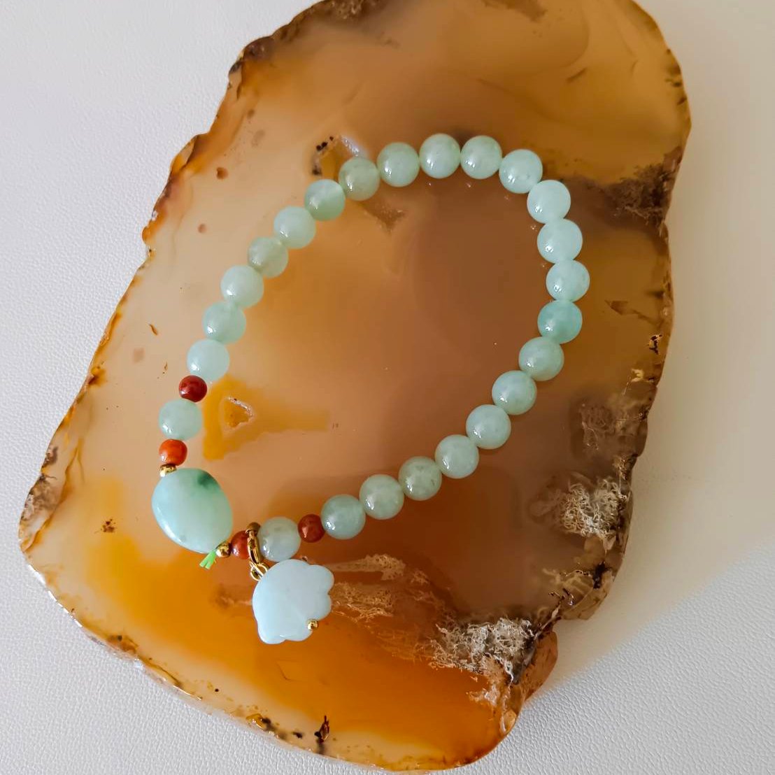 #266 Mason-Kay Certified Light Green Bunny Jadeite Jade Designer's Bead Bracelet