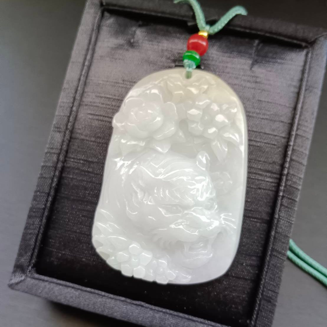 #926 Natural Translucent Burma Jadeite, Tiger and Flowers Pendant