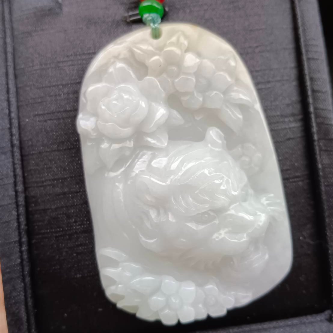 #926 Natural Translucent Burma Jadeite, Tiger and Flowers Pendant