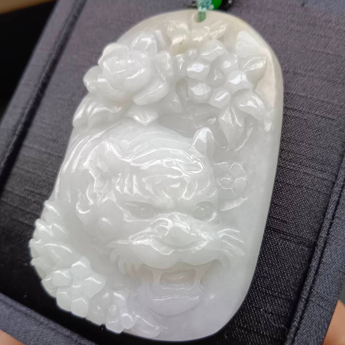 #926 Natural Translucent Burma Jadeite, Tiger and Flowers Pendant
