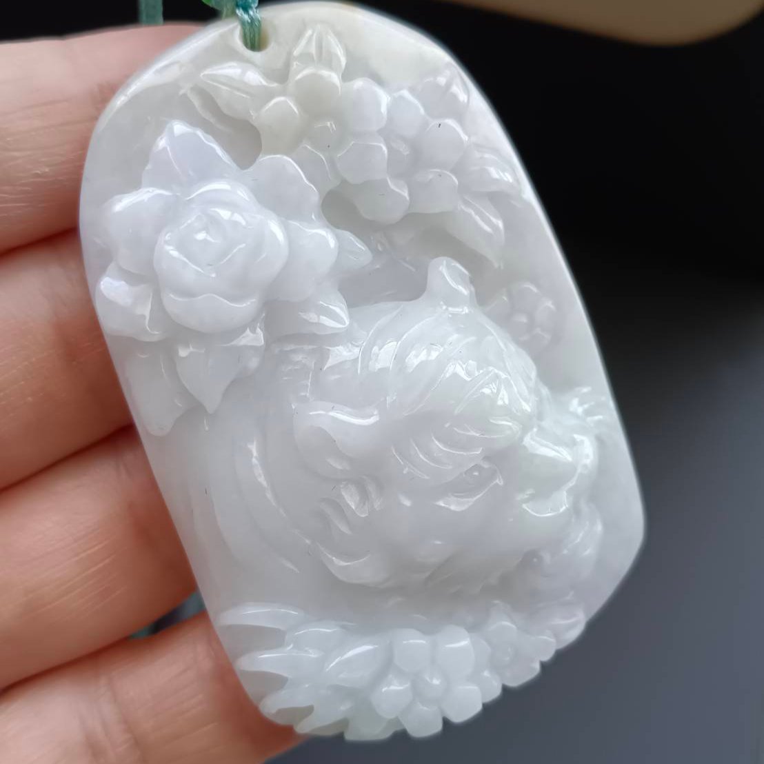 #926 Natural Translucent Burma Jadeite, Tiger and Flowers Pendant