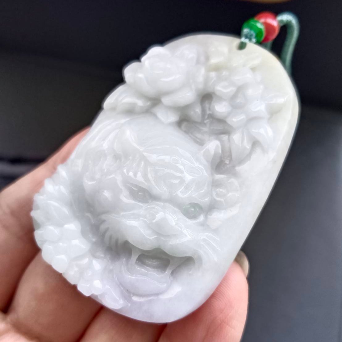 #926 Natural Translucent Burma Jadeite, Tiger and Flowers Pendant