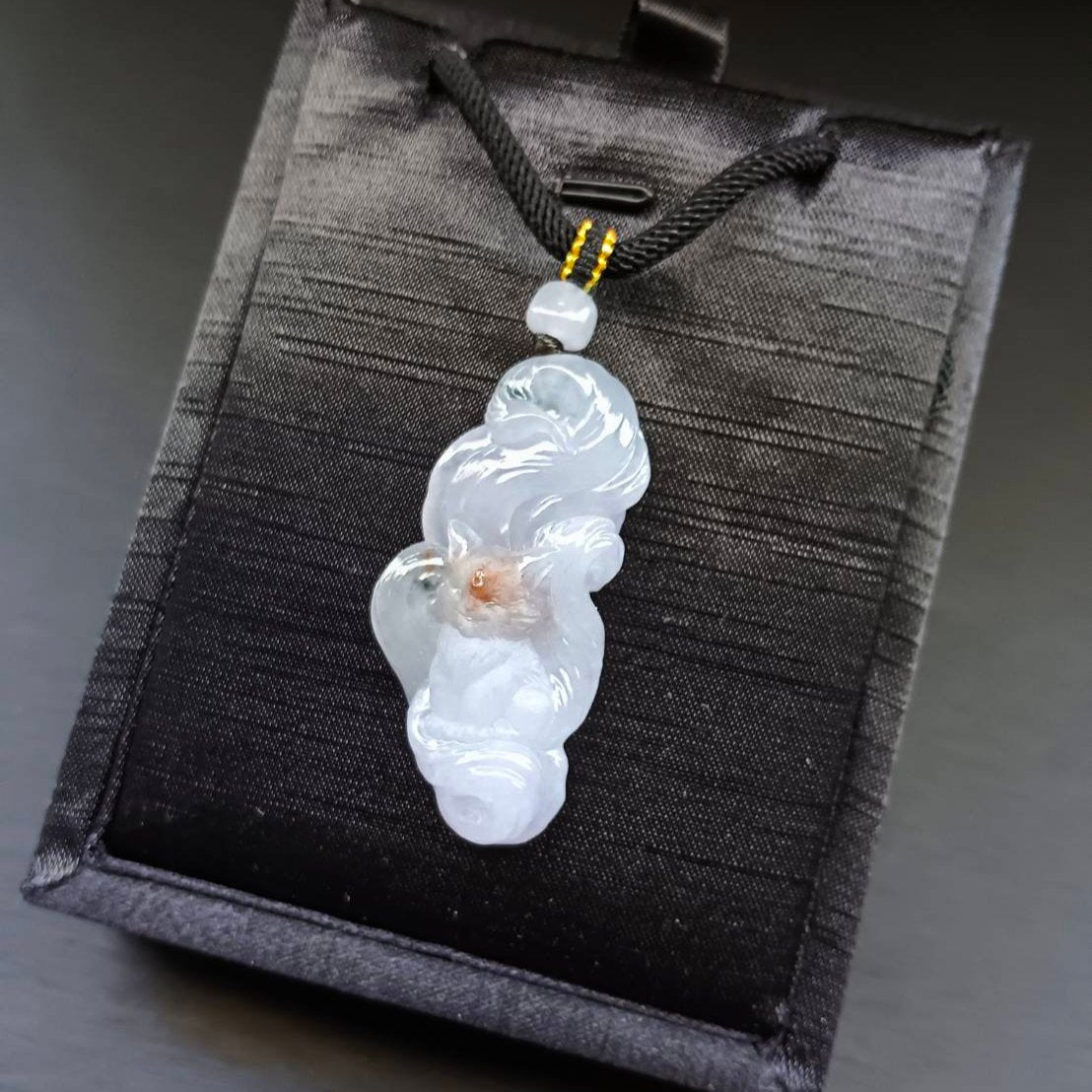 #793 AGL Certified Semi-Transparent Tri-Color Burma Jadeite, 9-Tailed Fox Pendant
