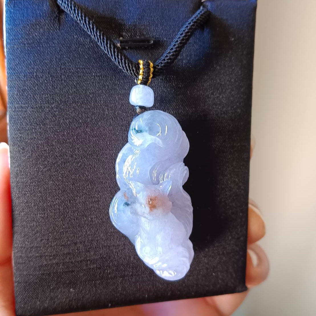 #793 AGL Certified Semi-Transparent Tri-Color Burma Jadeite, 9-Tailed Fox Pendant