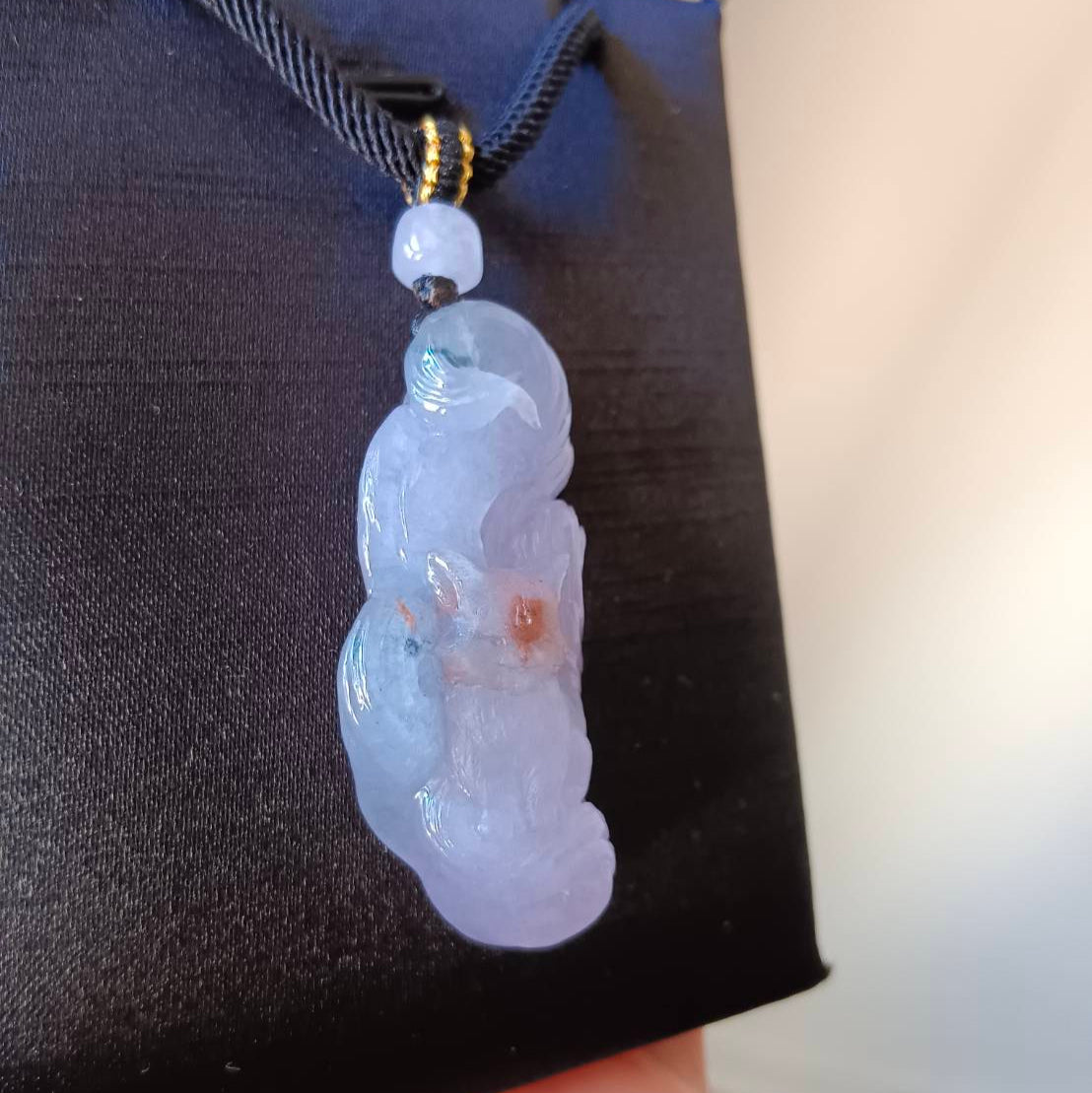 #793 AGL Certified Semi-Transparent Tri-Color Burma Jadeite, 9-Tailed Fox Pendant
