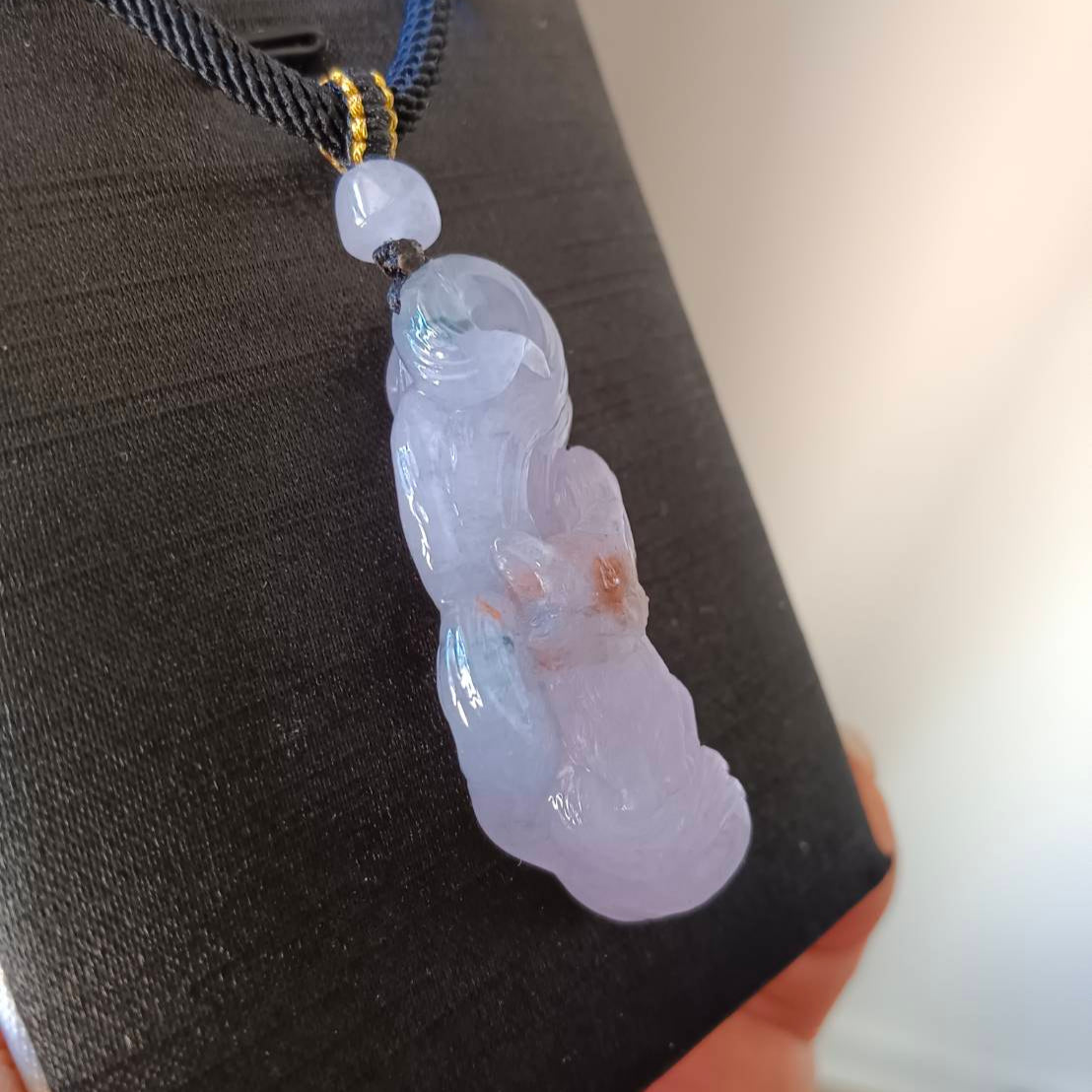 #793 AGL Certified Semi-Transparent Tri-Color Burma Jadeite, 9-Tailed Fox Pendant