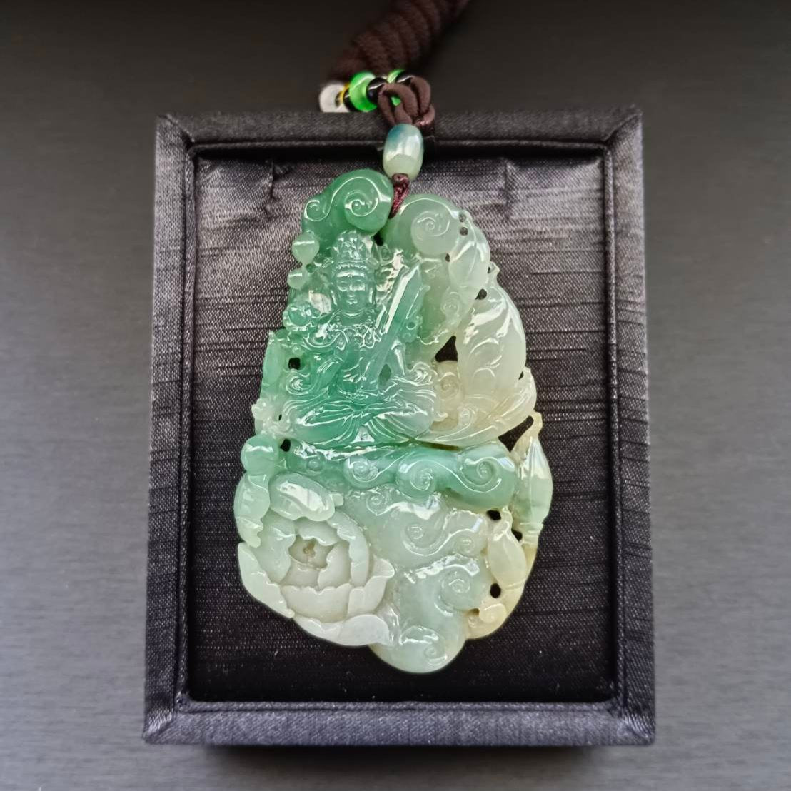#162 AGL Certified Tri-Color Translucent Burma Jadeite, Akasagarbha Bodhisattva (虛空藏菩薩)Pendant and Display