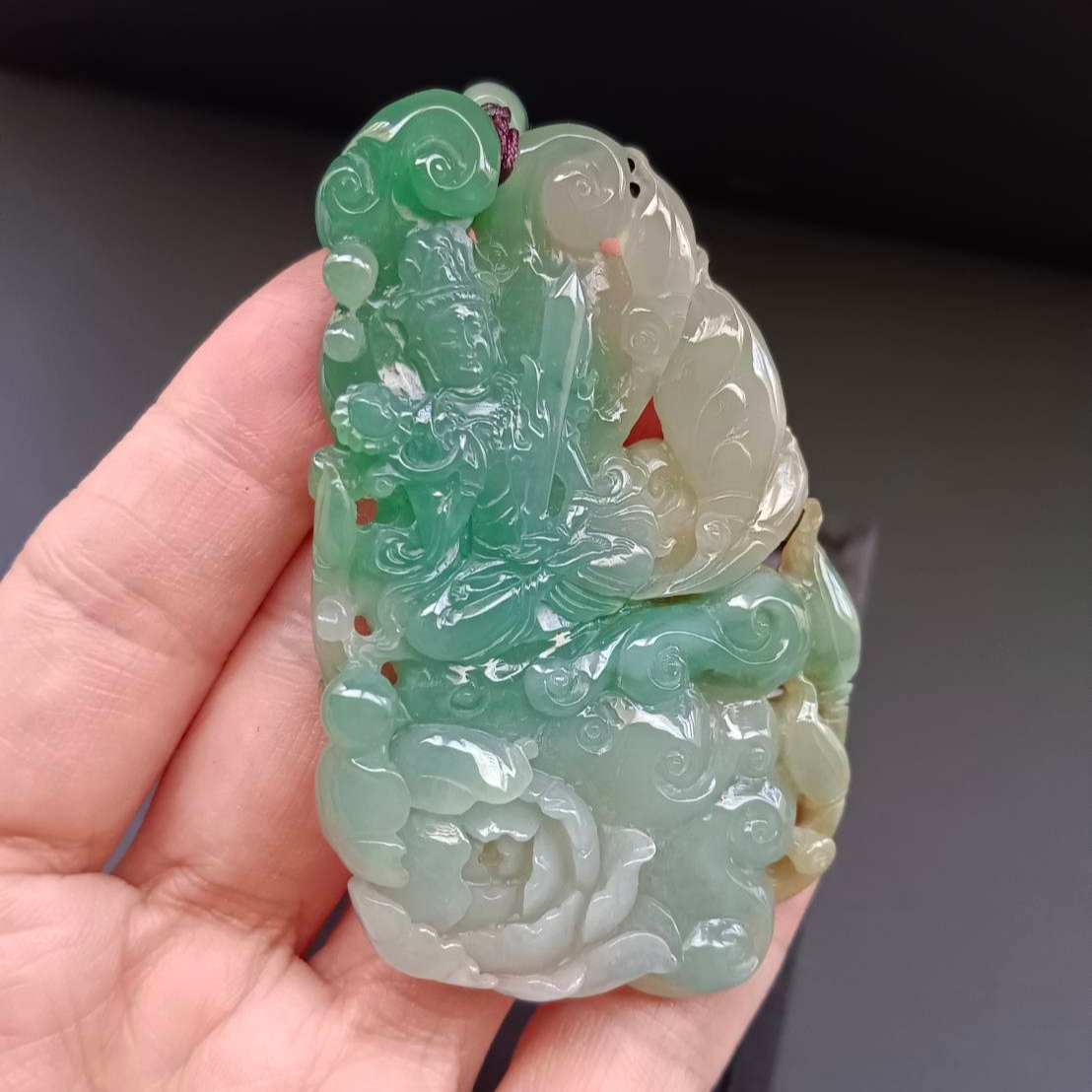 #162 AGL Certified Tri-Color Translucent Burma Jadeite, Akasagarbha Bodhisattva (虛空藏菩薩)Pendant and Display