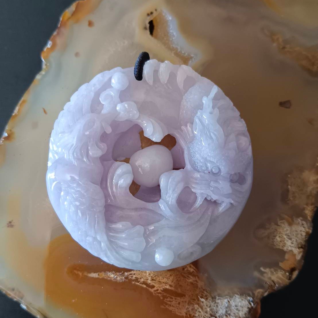 #791 AGL Certified Natural Lavender Translucent Burma Jadeite, Dragon and Phoenix Pendant