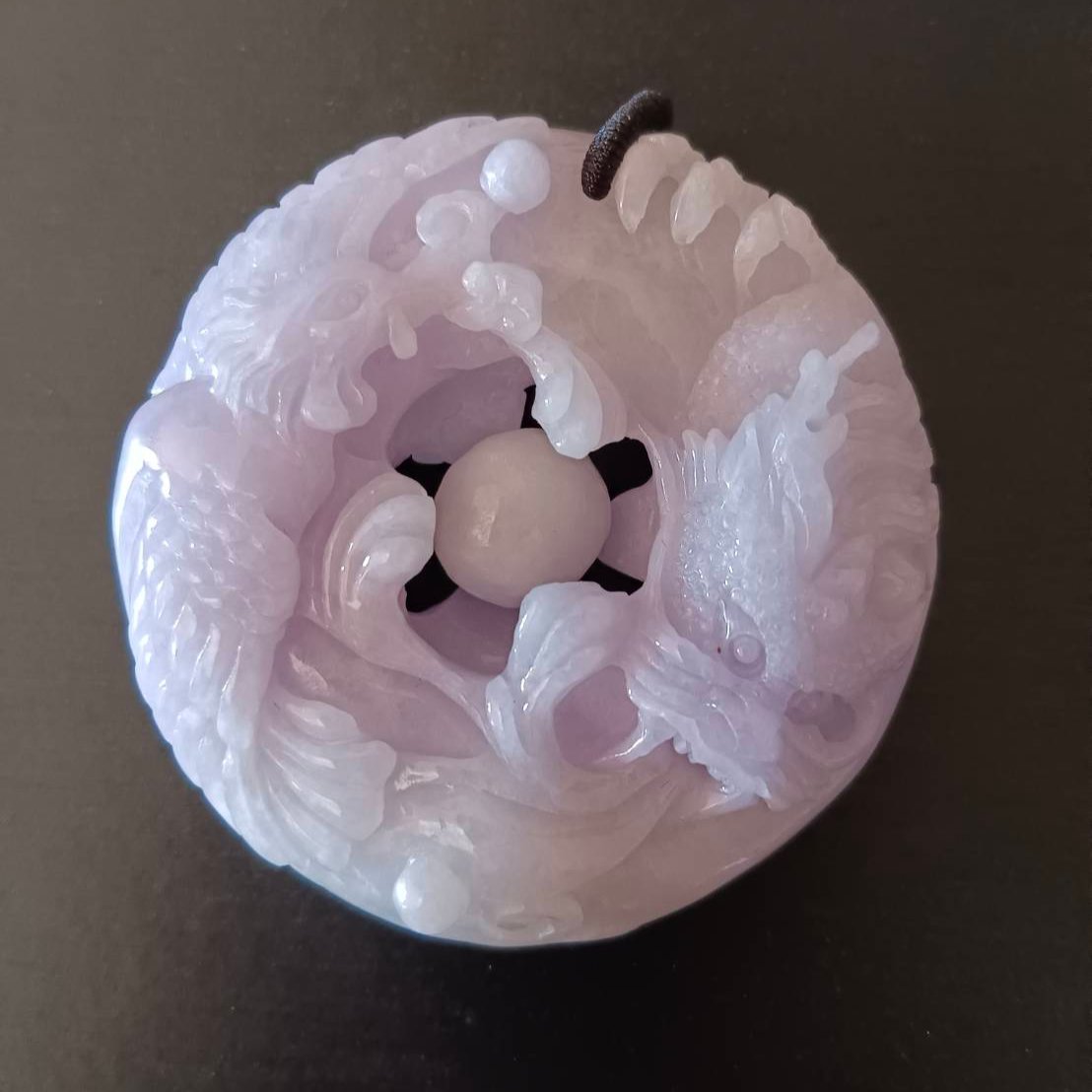 #791 AGL Certified Natural Lavender Translucent Burma Jadeite, Dragon and Phoenix Pendant