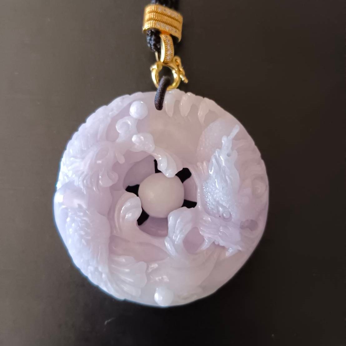 #791 AGL Certified Natural Lavender Translucent Burma Jadeite, Dragon and Phoenix Pendant