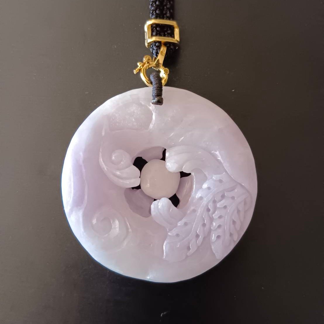 #791 AGL Certified Natural Lavender Translucent Burma Jadeite, Dragon and Phoenix Pendant