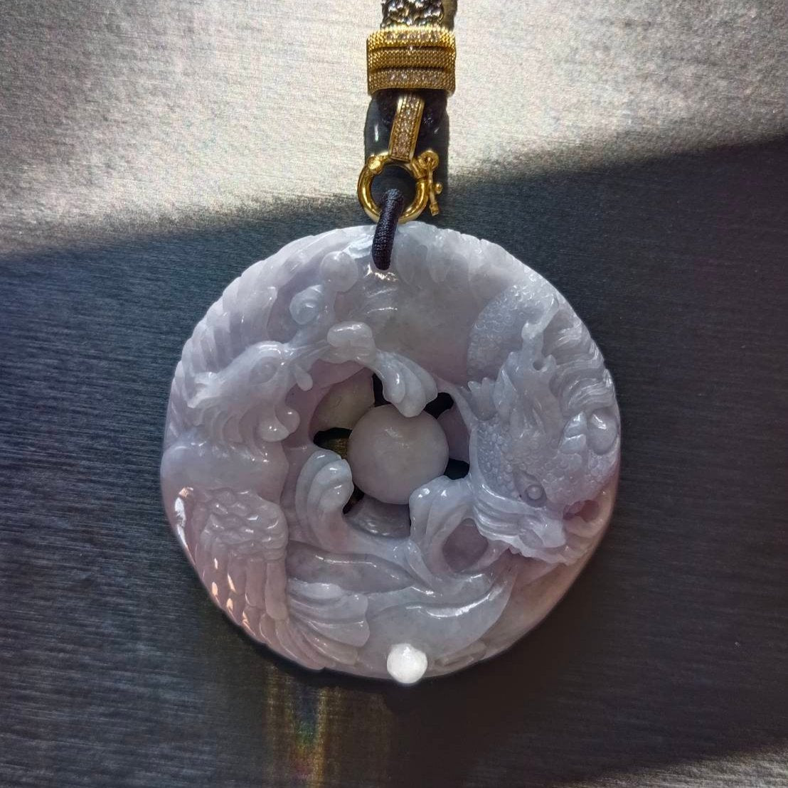 #791 AGL Certified Natural Lavender Translucent Burma Jadeite, Dragon and Phoenix Pendant