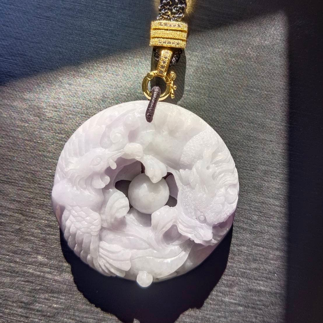 #791 AGL Certified Natural Lavender Translucent Burma Jadeite, Dragon and Phoenix Pendant