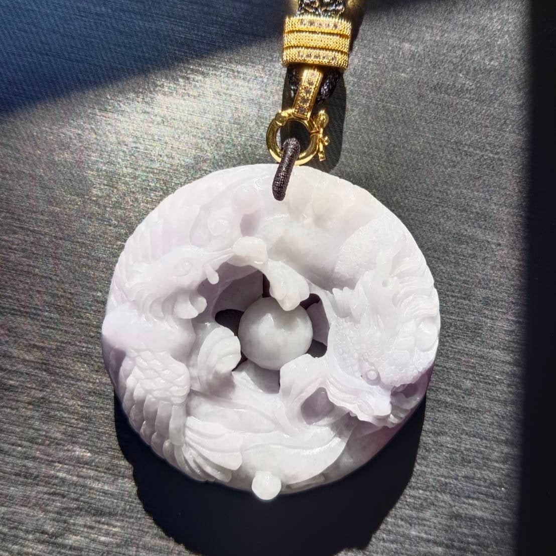#791 AGL Certified Natural Lavender Translucent Burma Jadeite, Dragon and Phoenix Pendant