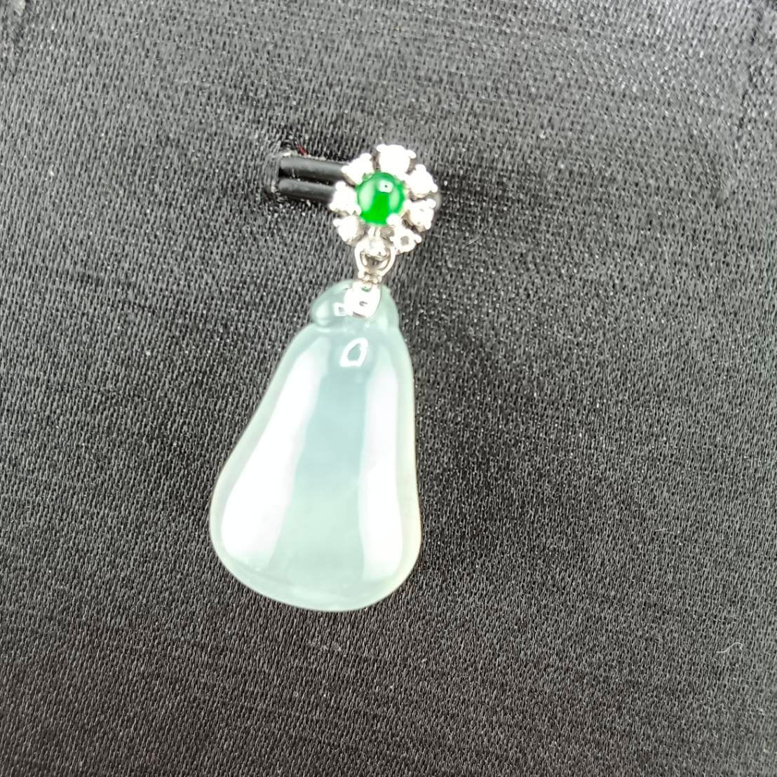 #818 AGL Certified Natural Semi-Transparent Burma Jadeite, Fu Gua 福瓜 Pendant, 18KG Bail with an Imperial Green Cabochon, and Diamonds