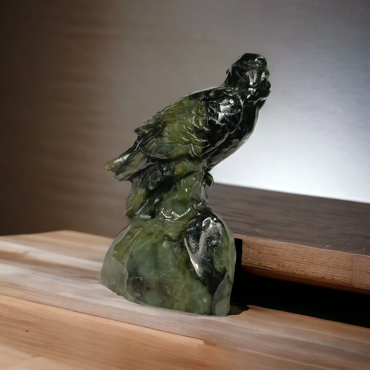 #58 Mason-Kay Certified Green and Black Burma Jadeite Jade Hawk Figurine