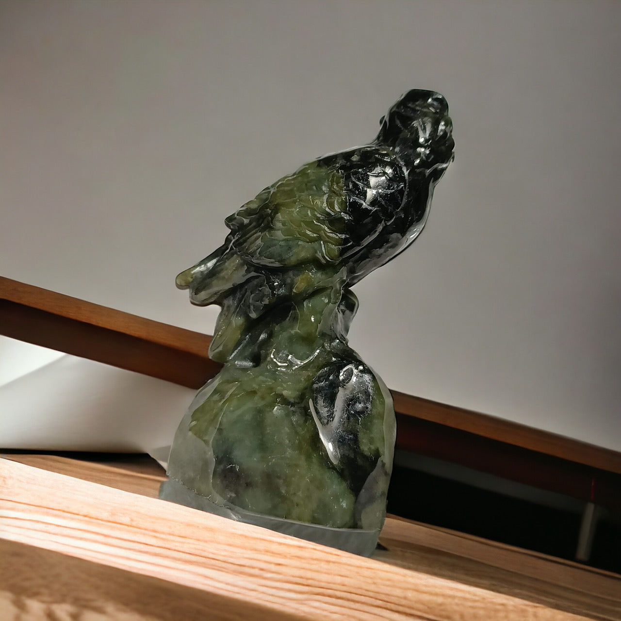 #58 Mason-Kay Certified Green and Black Burma Jadeite Jade Hawk Figurine