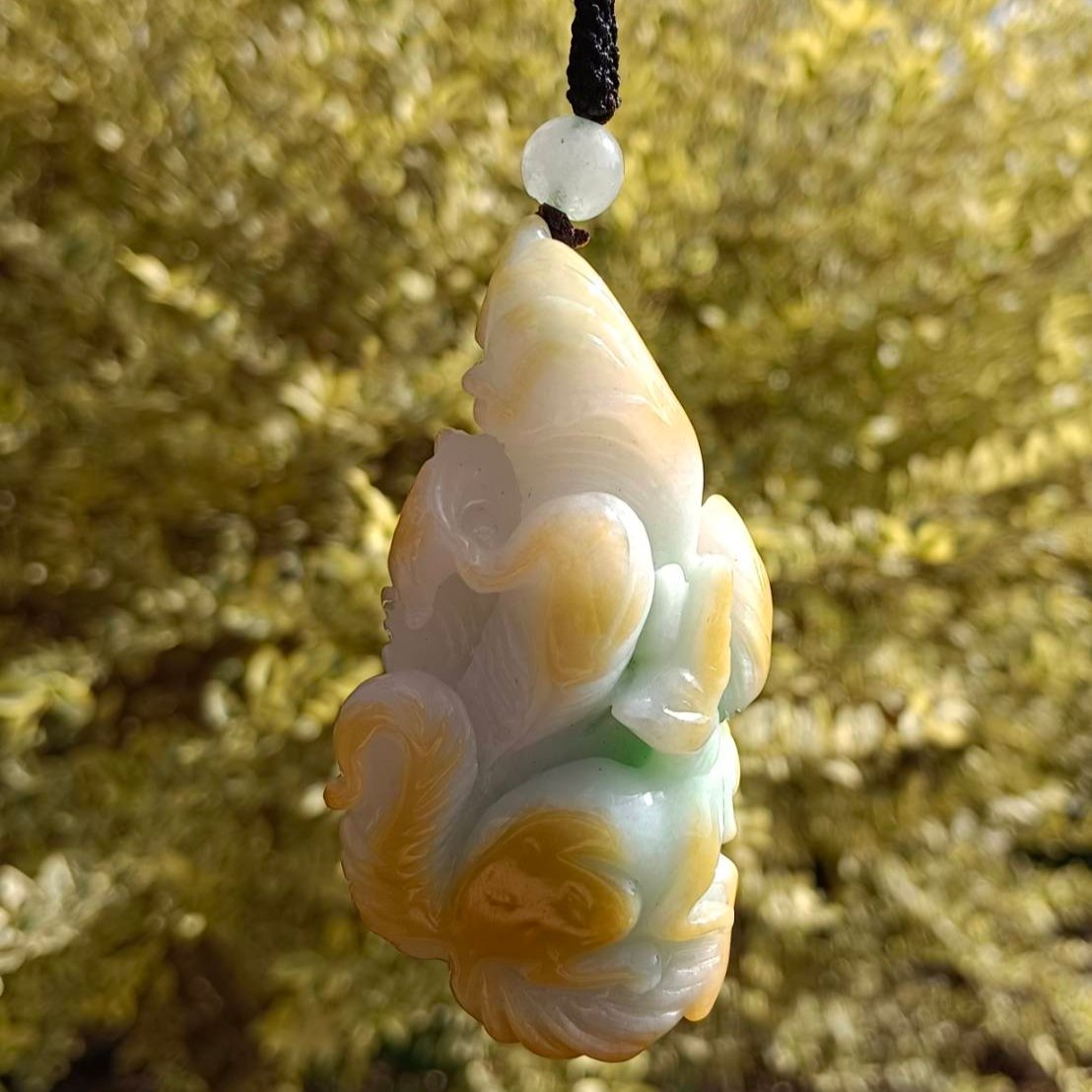 #81 Mason-Kay Certified Natural Jadeite Jade Tri-Color 9-Tailed Fox Pendant