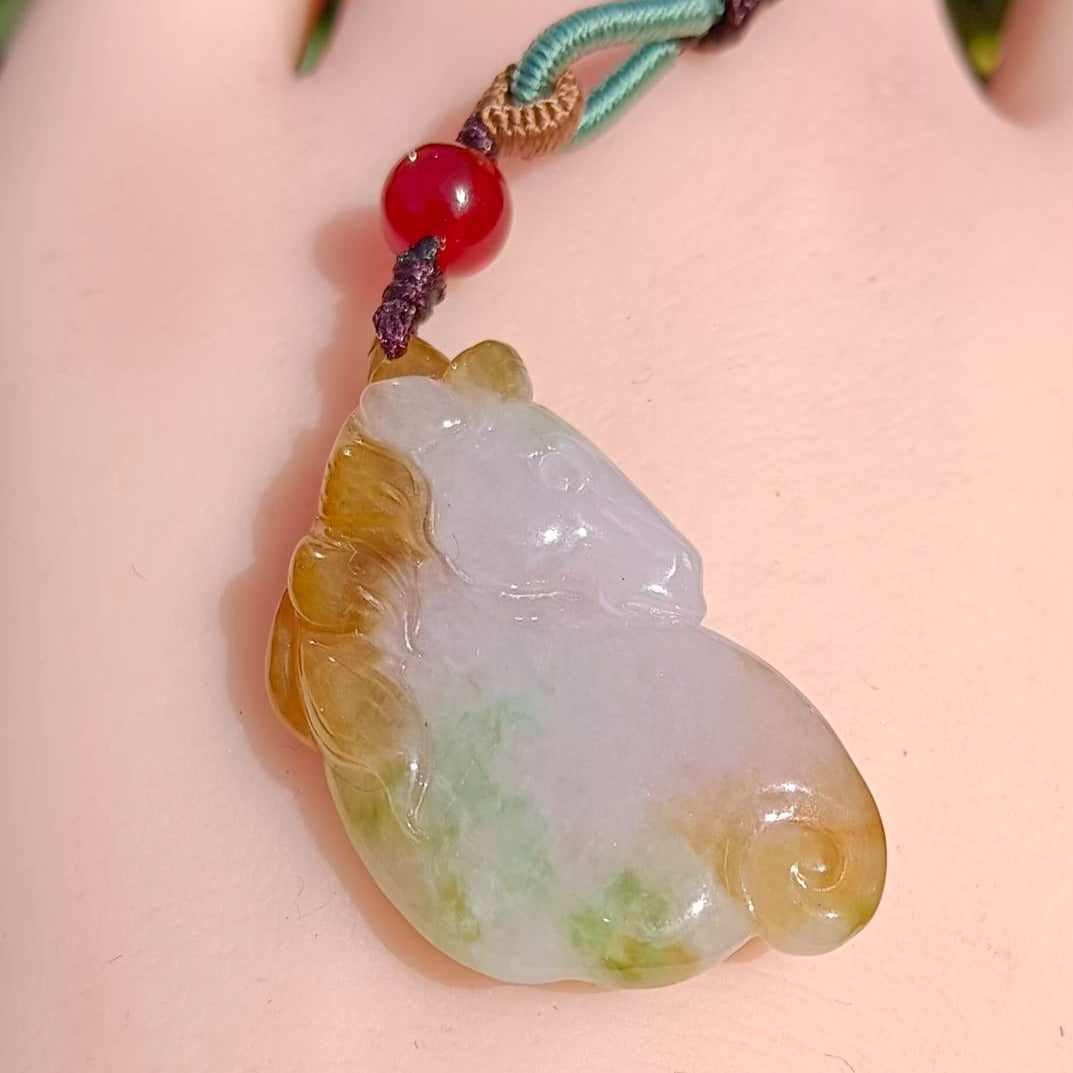 #88 GIA Certified Natural Jadeite Jade Tri-Color Unicorn Pendant
