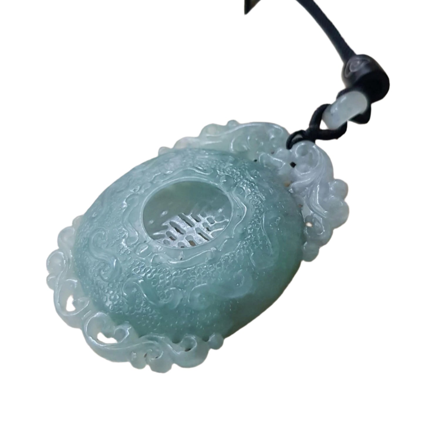 #1038 Icy Green Burmese Jadeite “Shou” Amulet