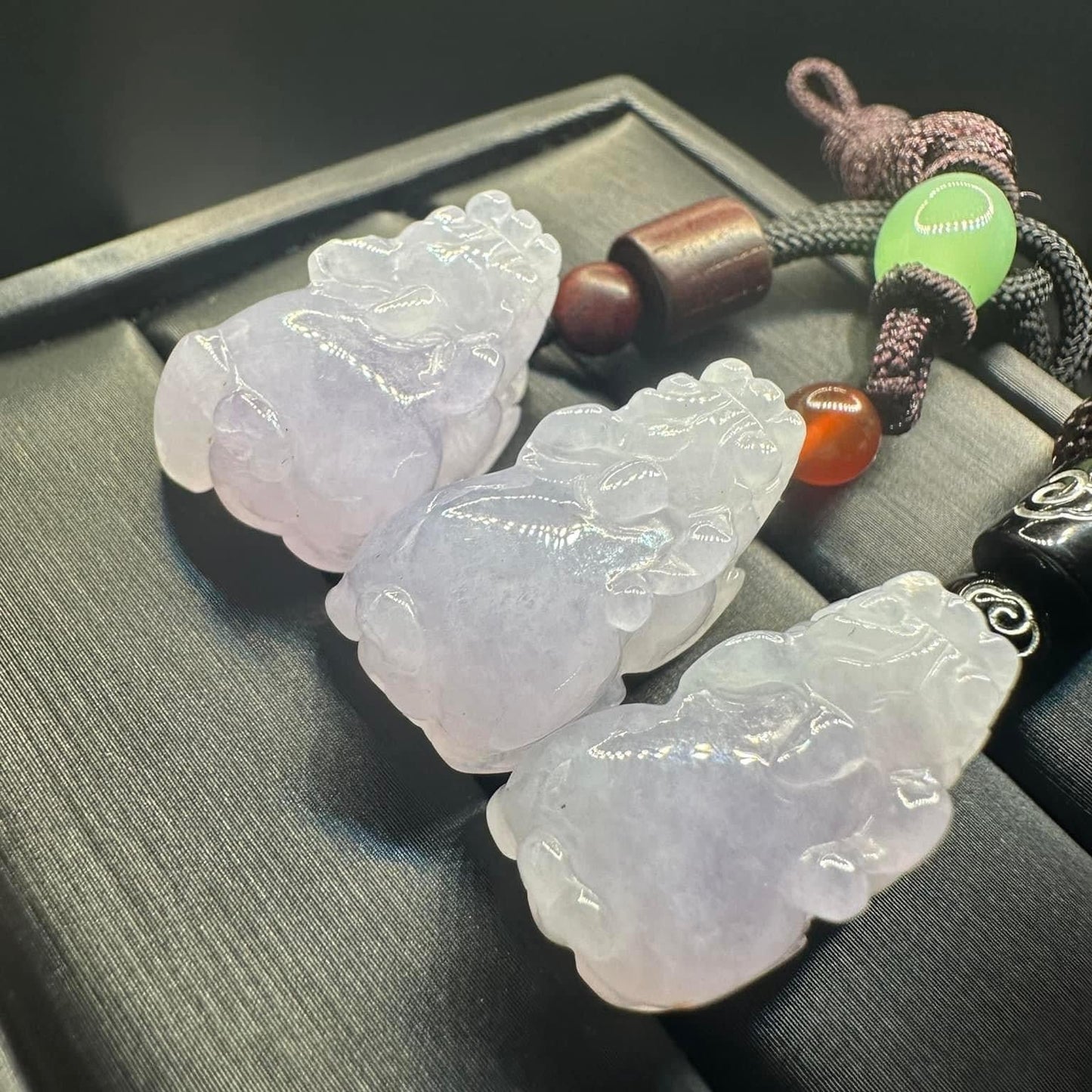 #848, the AGL Certified Natural Translucent Lavender Burma Jadeite Pixiu Triplets Pendants