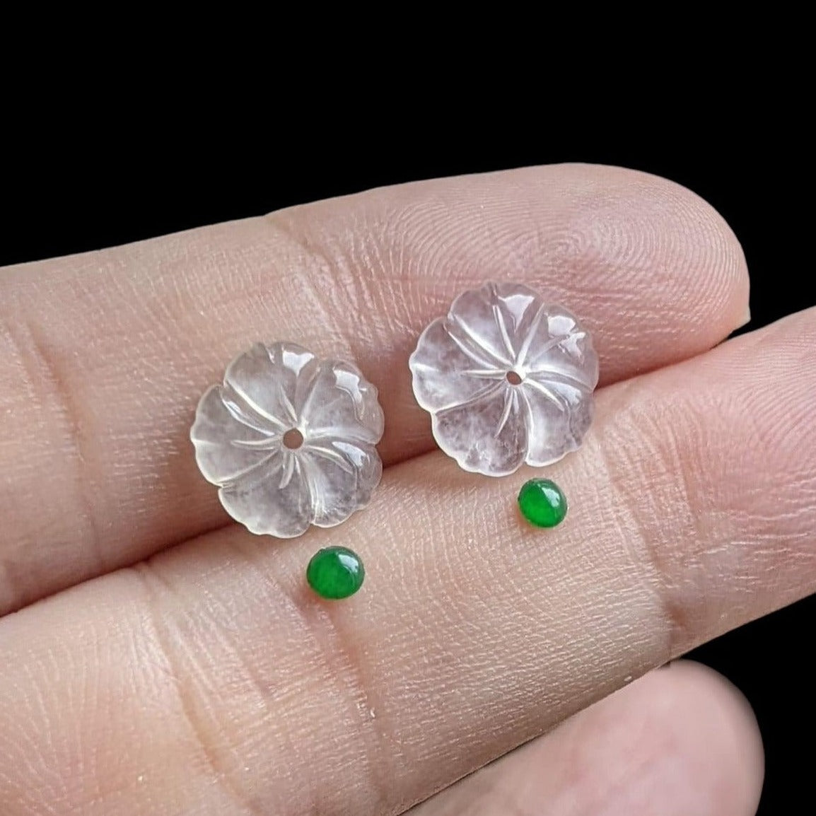 #96 Mason-Kay Certified Icy White and Imperial Green Natural Burma Jadeite Jade Flower Stud Earrings with 18K Yellow Gold set