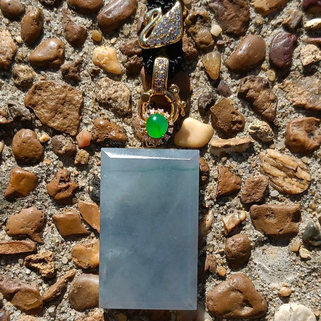 #109 GIA Certified Natural Sky Blue Icy Burma jade rectangular Wu Shi Pai pendant with an imperial green cabochon-diamond-18 K gold bail. A collector's piece.
