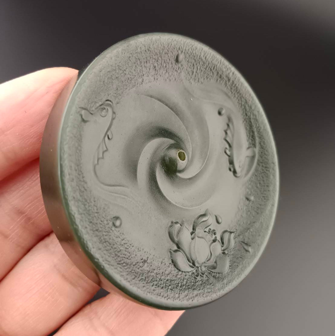 #1054 Natural Green Hetian Nephrite, Twin Koi & Lotus Incense Holder