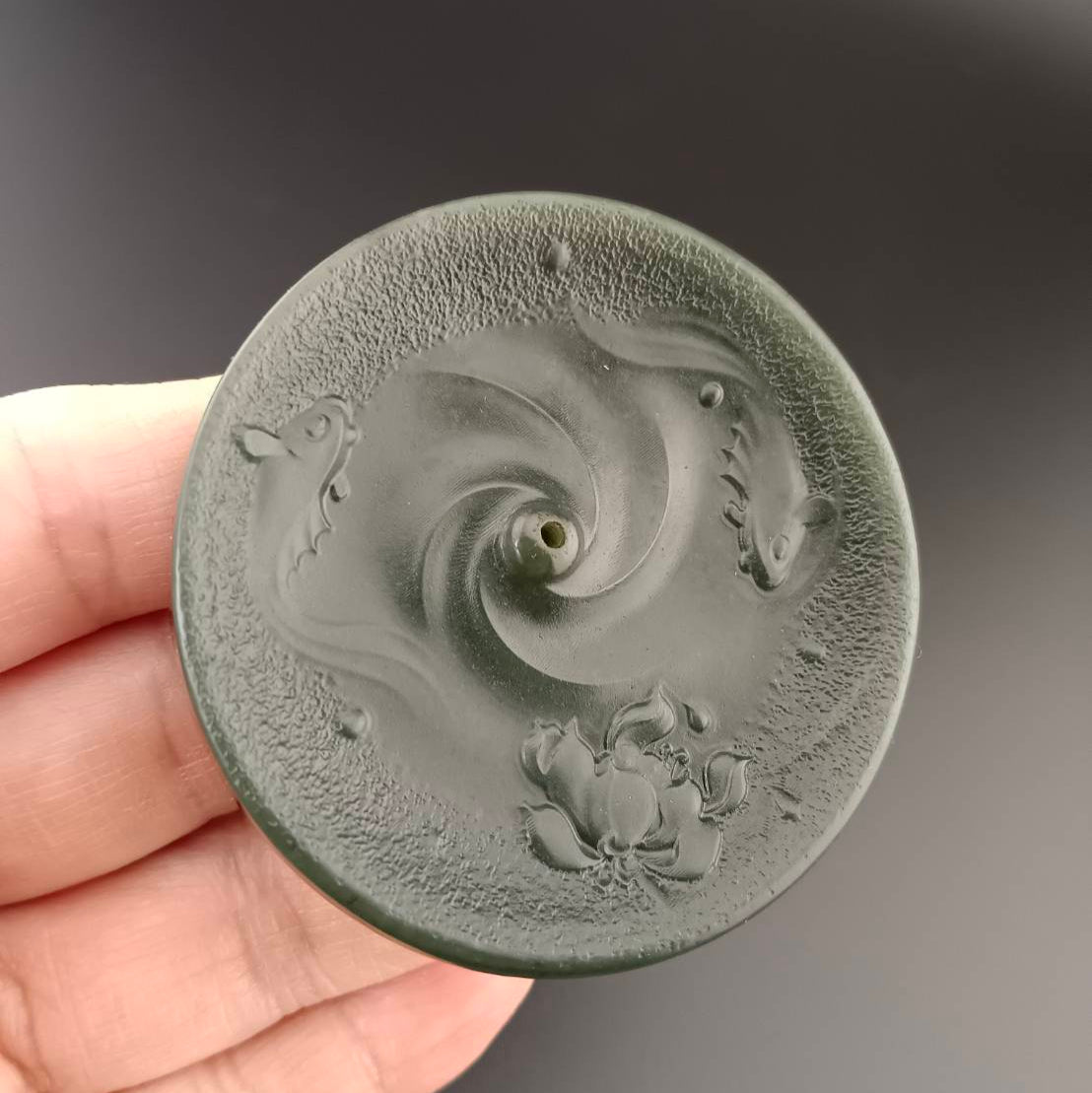 #1054 Natural Green Hetian Nephrite, Twin Koi & Lotus Incense Holder