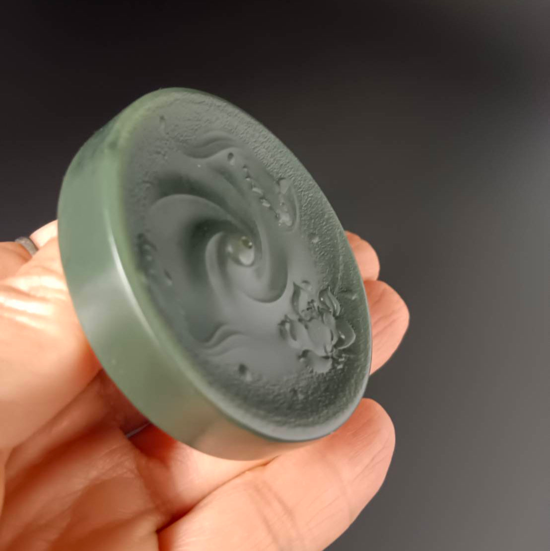 #1054 Natural Green Hetian Nephrite, Twin Koi & Lotus Incense Holder