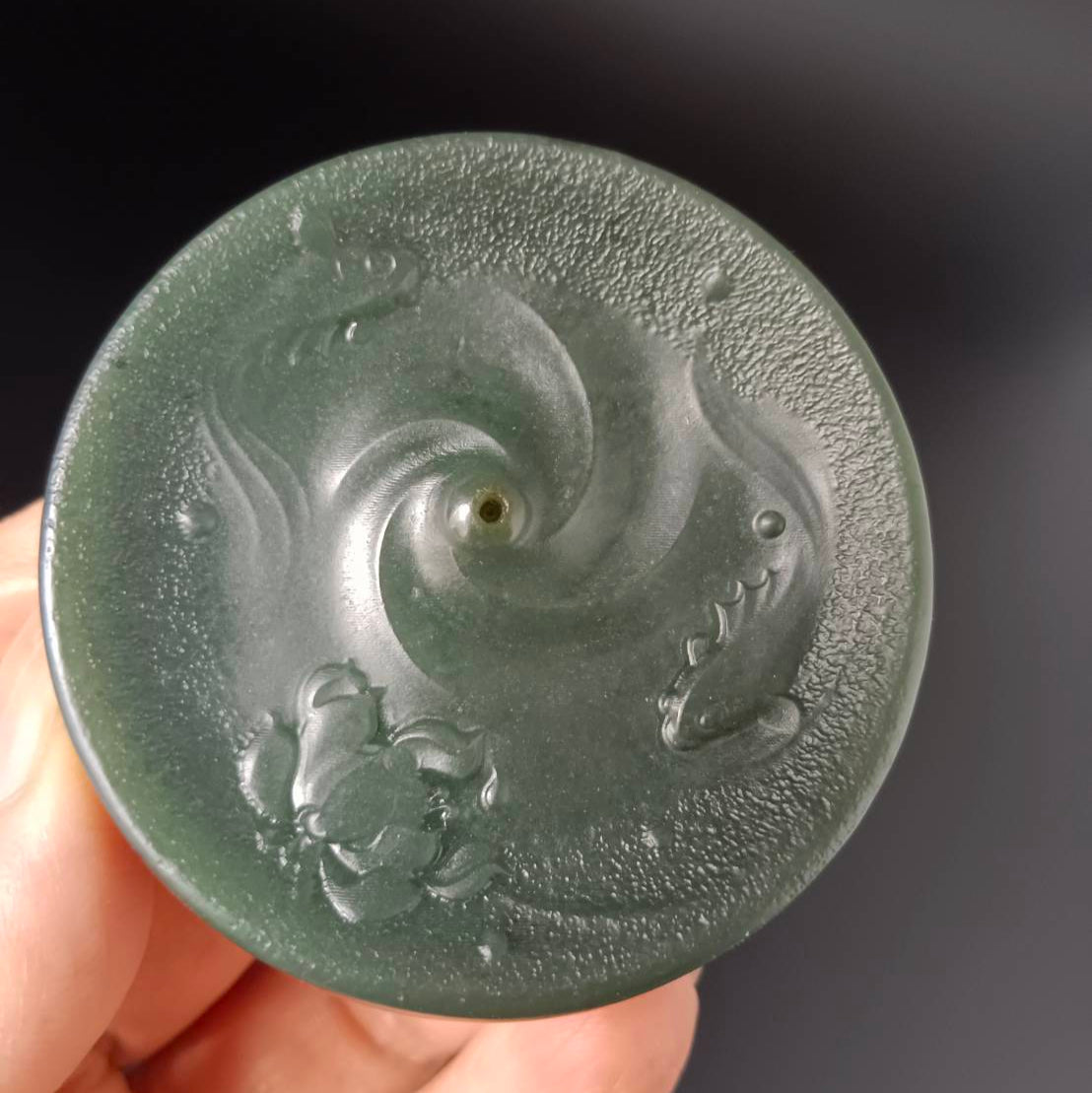 #1054 Natural Green Hetian Nephrite, Twin Koi & Lotus Incense Holder