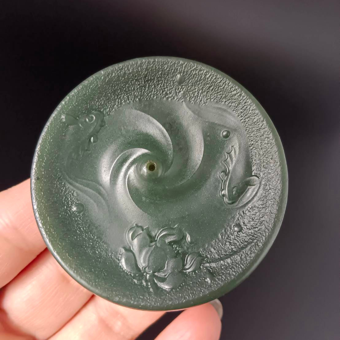 #1054 Natural Green Hetian Nephrite, Twin Koi & Lotus Incense Holder