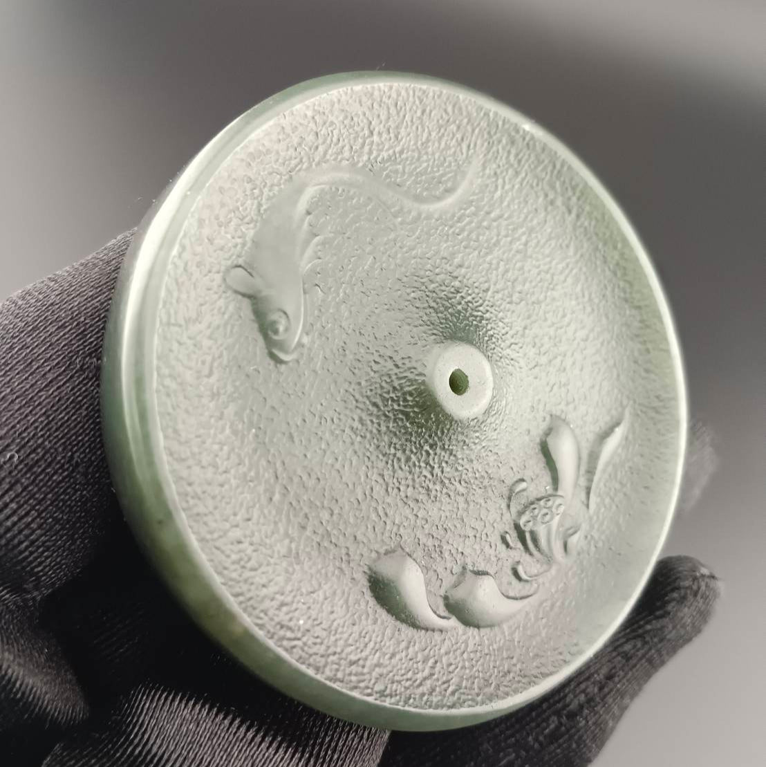 #1056 Natural Hetian Nephrite, Lotus & Koi Harmony Incense Holder