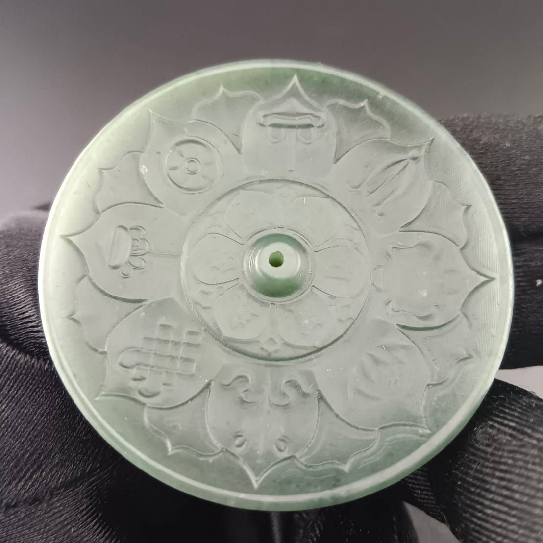 #1059 Natural Green Hetian Nephrite, Eight Auspicious Symbols Incense Holder