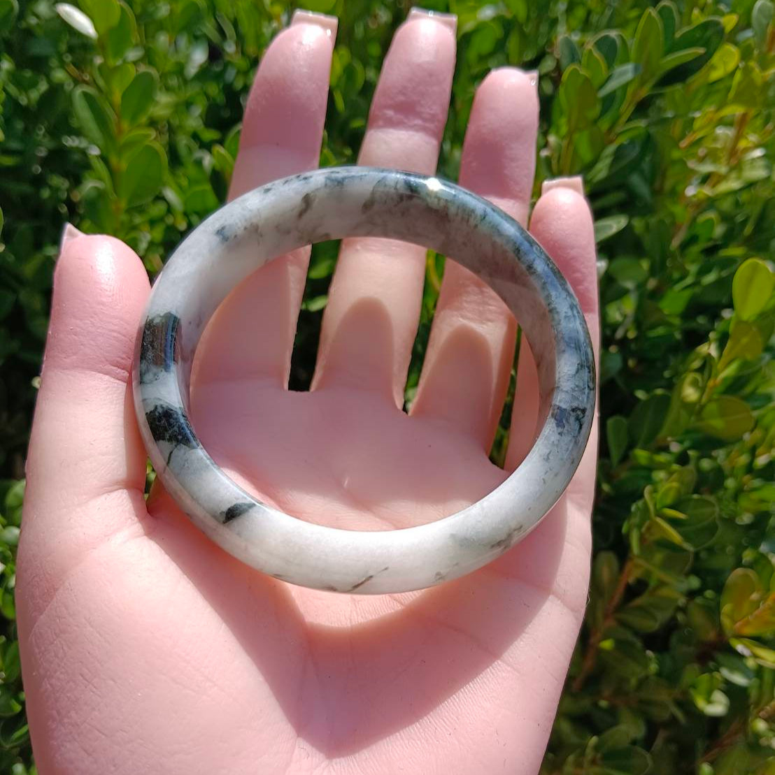 #1101 AGL Certified Dark Green/Black & White Burmese Jadeite Peace Bangle Bracelet