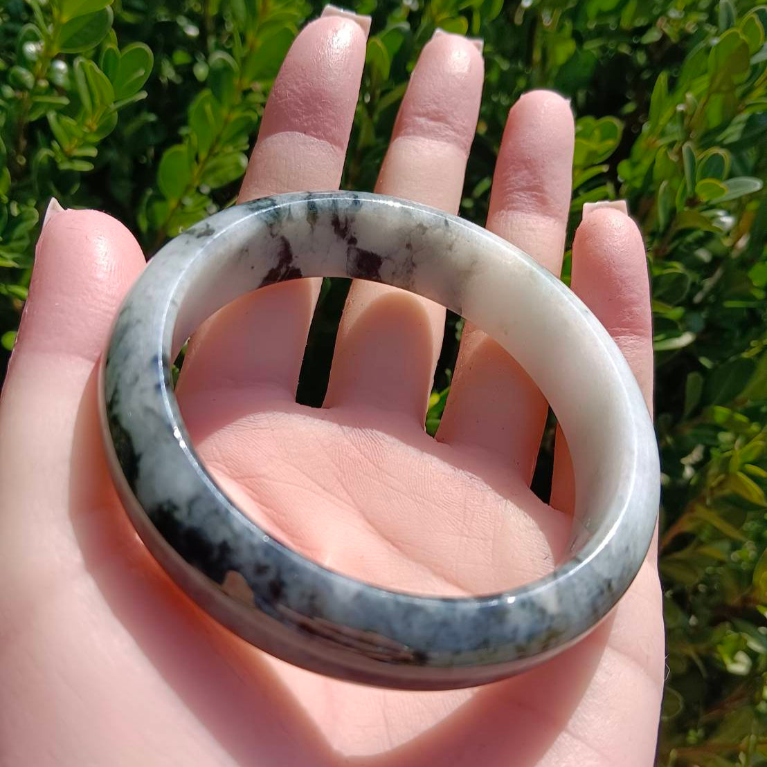 #1101 AGL Certified Dark Green/Black & White Burmese Jadeite Peace Bangle Bracelet
