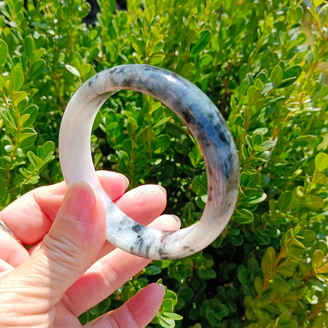 #1101 AGL Certified Dark Green/Black & White Burmese Jadeite Peace Bangle Bracelet