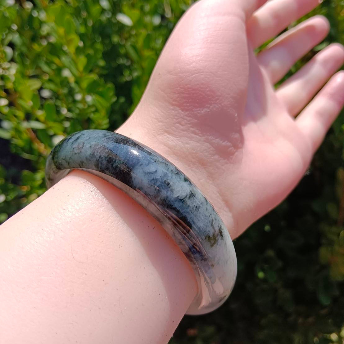 #1101 AGL Certified Dark Green/Black & White Burmese Jadeite Peace Bangle Bracelet