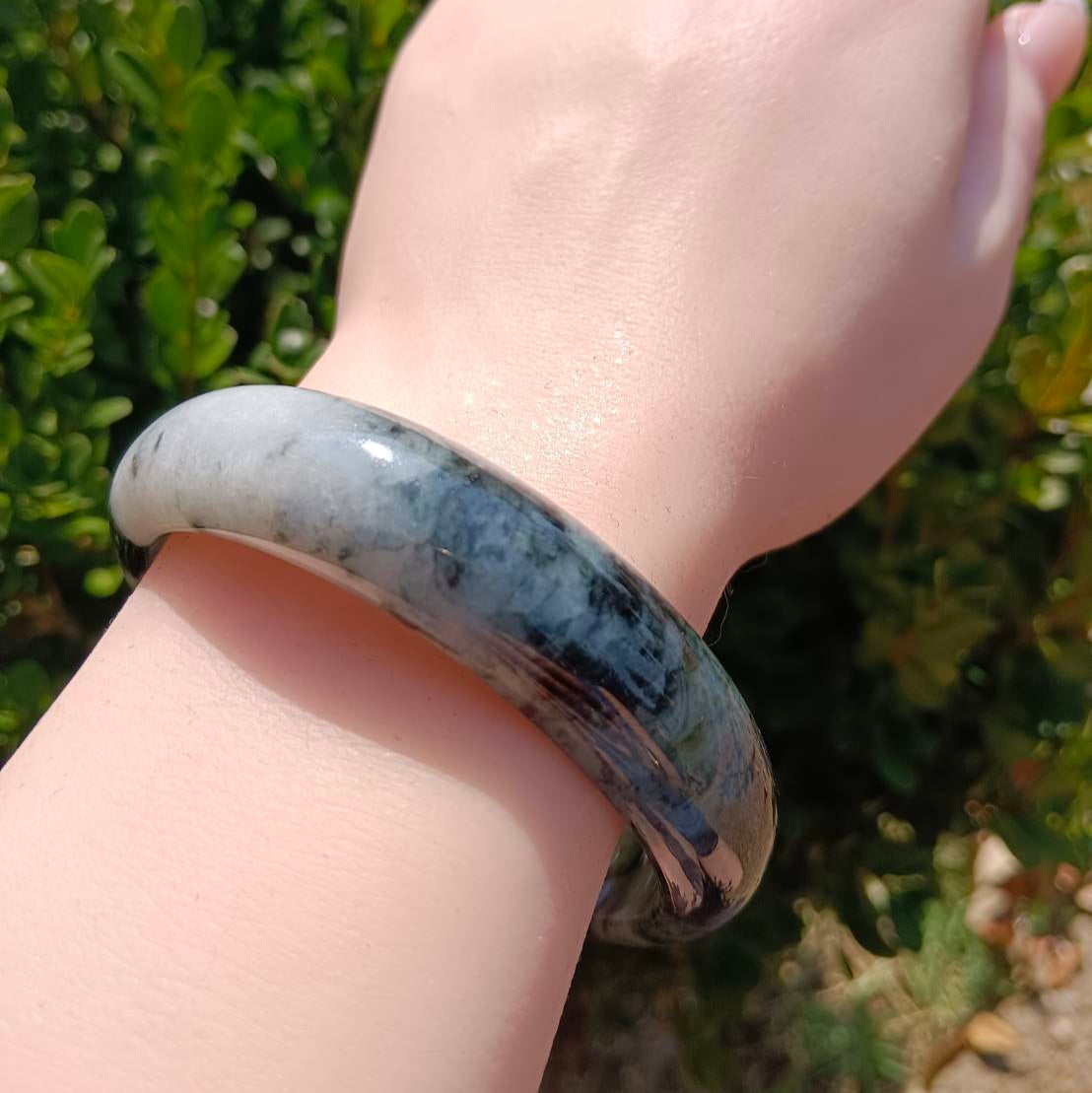 #1101 AGL Certified Dark Green/Black & White Burmese Jadeite Peace Bangle Bracelet