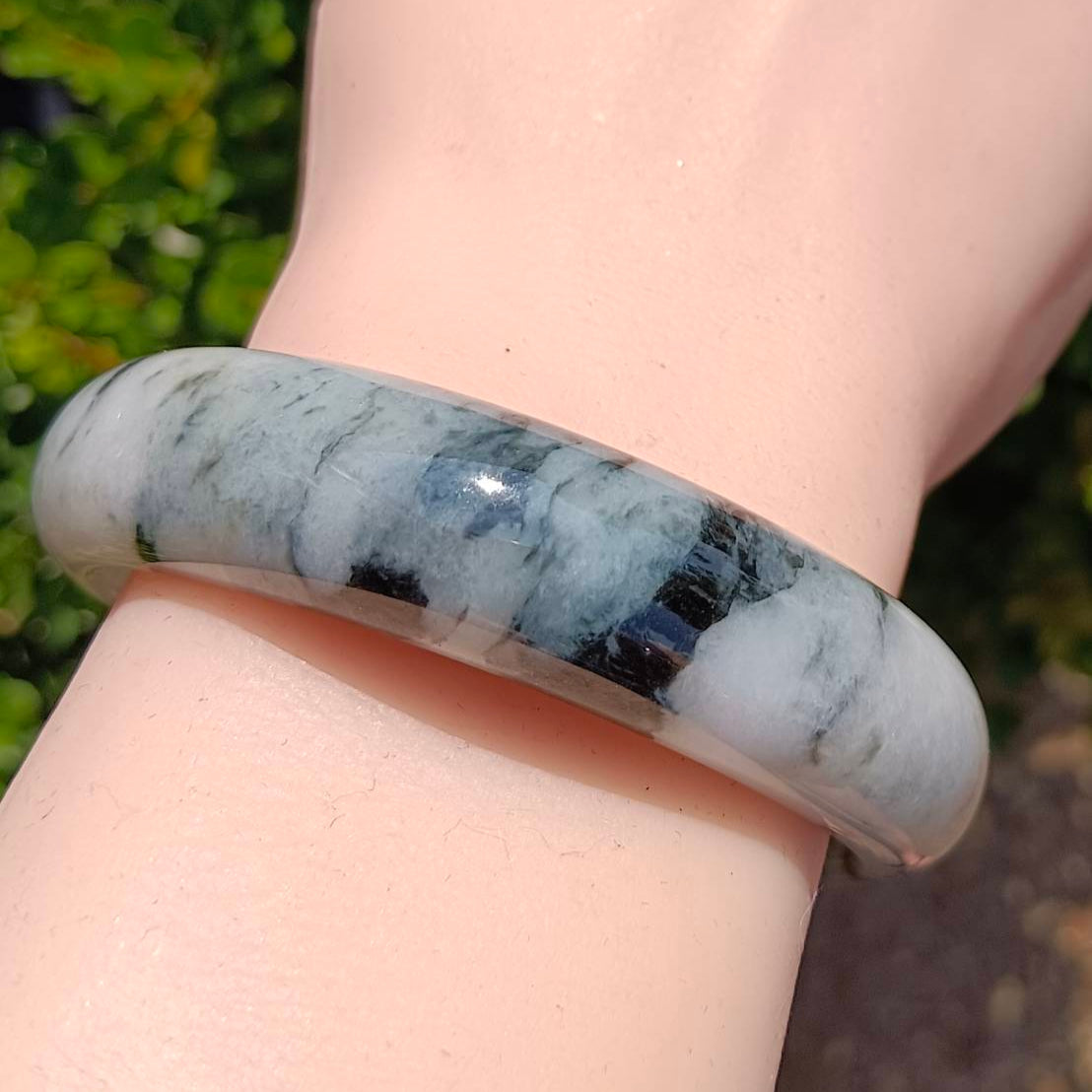 #1101 AGL Certified Dark Green/Black & White Burmese Jadeite Peace Bangle Bracelet