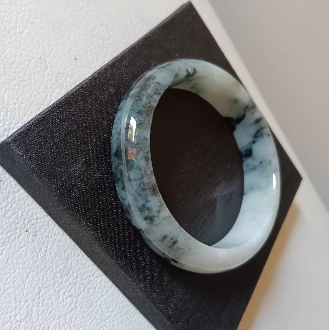 #1101 AGL Certified Dark Green/Black & White Burmese Jadeite Peace Bangle Bracelet