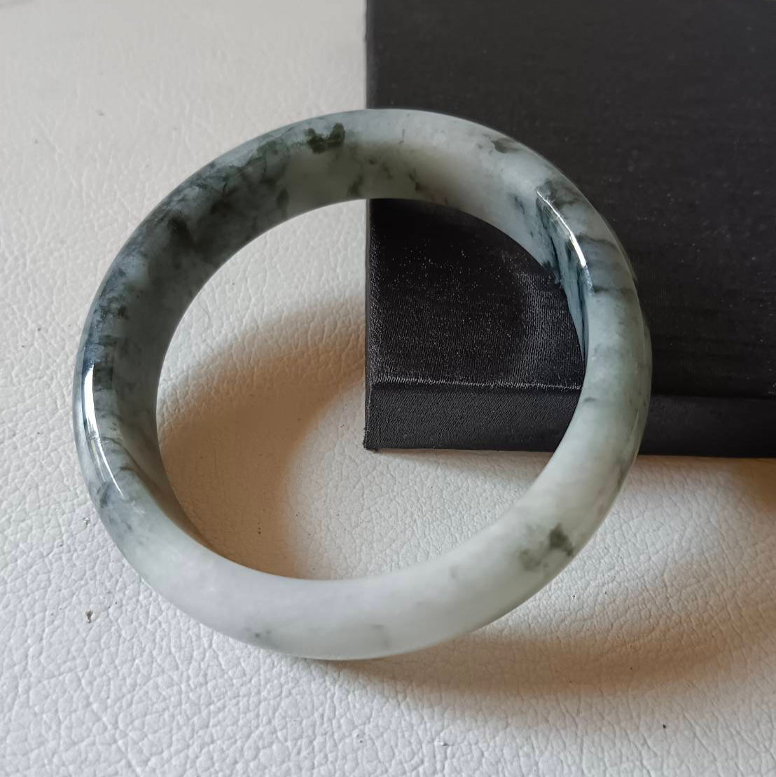 #1101 AGL Certified Dark Green/Black & White Burmese Jadeite Peace Bangle Bracelet