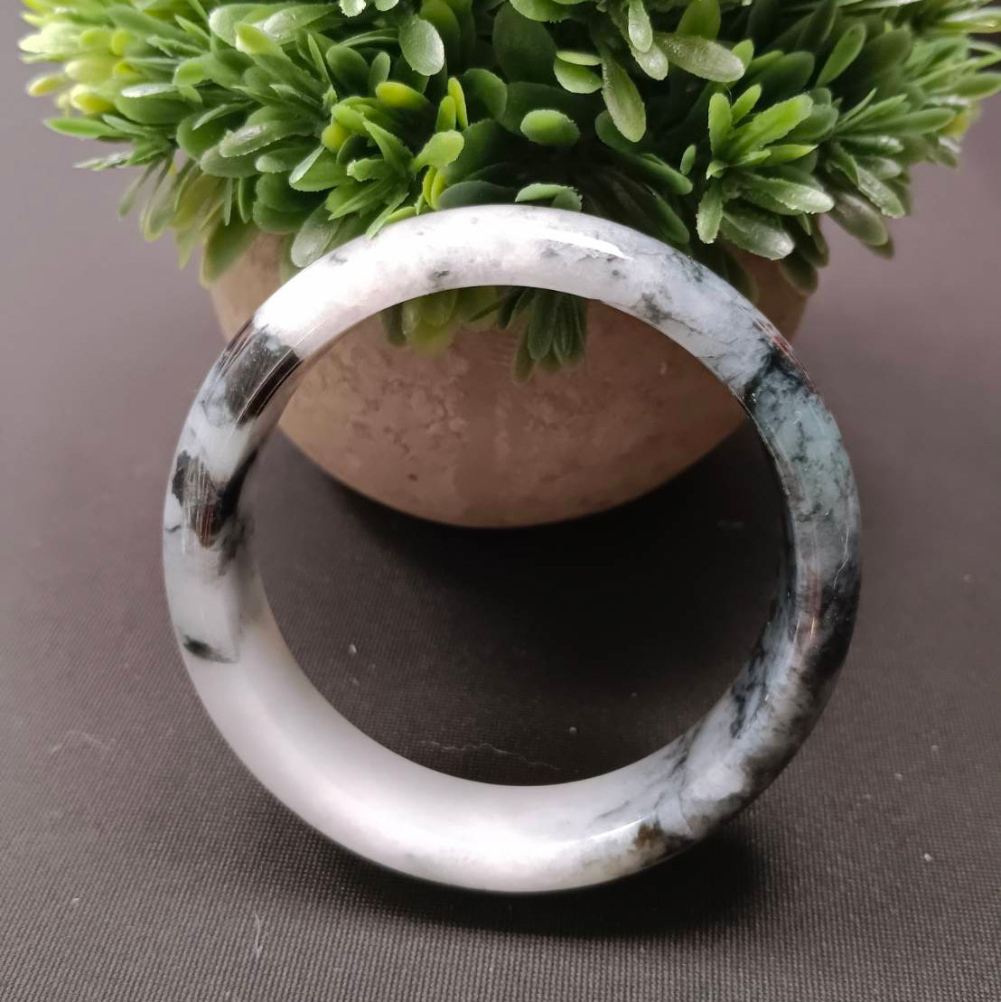 #1101 AGL Certified Dark Green/Black & White Burmese Jadeite Peace Bangle Bracelet